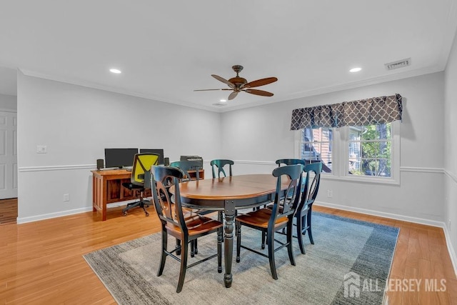 74 Ravine Dr, Matawan, NJ 07747 - dining room with a ceiling fan, light wood-style floors, recessed lighting, ornamental molding, and a desk