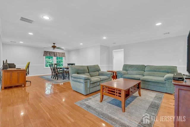 74 Ravine Dr, Matawan, NJ 07747 - living area featuring a ceiling fan, recessed lighting, light wood-type flooring, and ornamental molding