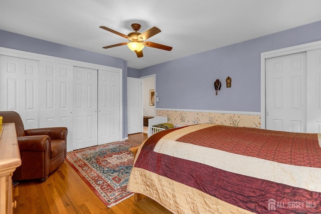 bedroom with a ceiling fan and wood finished floors