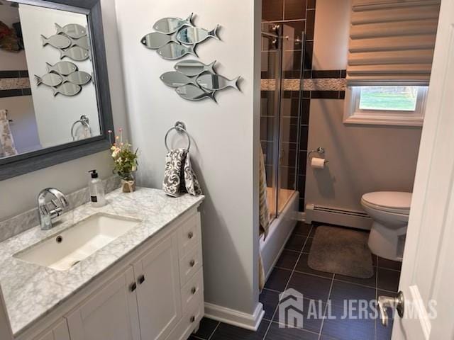 full bathroom featuring a baseboard radiator, a shower with door, tile patterned flooring, toilet, and vanity