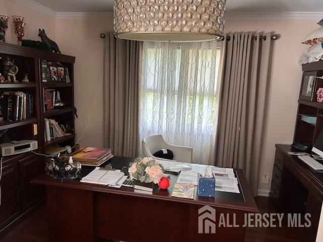 home office with ornamental molding