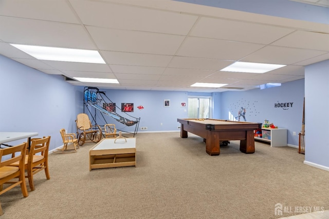 game room featuring pool table, carpet, a paneled ceiling, and baseboards