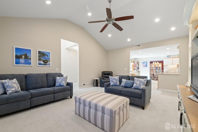 living room featuring recessed lighting, light carpet, visible vents, and baseboards