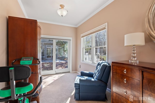 sitting room with ornamental molding, light carpet, and baseboards