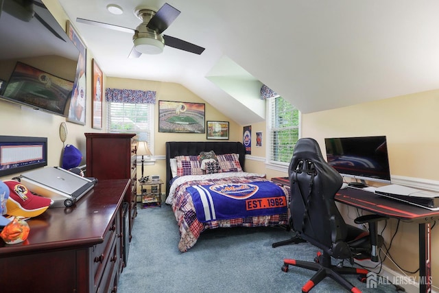 70 Surrey Ln, Woodbridge Proper, NJ 07067 - carpeted bedroom with a desk, vaulted ceiling, and ceiling fan