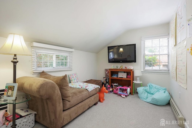 70 Surrey Ln, Woodbridge Proper, NJ 07067 - living area featuring carpet, vaulted ceiling, and baseboard heating