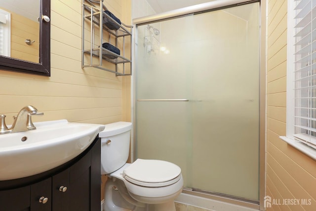 70 Surrey Ln, Woodbridge Proper, NJ 07067 - bathroom with a shower stall, vanity, and wooden walls