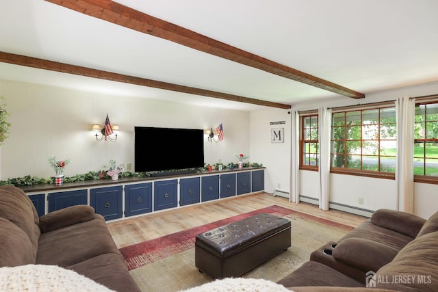70 Surrey Ln, Woodbridge Proper, NJ 07067 - living area with light wood-style floors, beamed ceiling, healthy amount of natural light, and baseboard heating