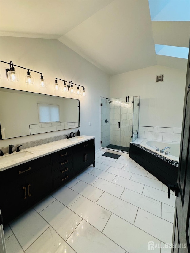 35 NE Bennett Rd, Old Bridge, NJ 07747 - full bath with lofted ceiling, a stall shower, a bath, a sink, and double vanity