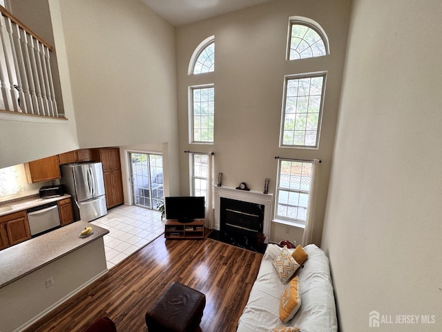 living area featuring a towering ceiling, wood finished floors, and a fireplace
