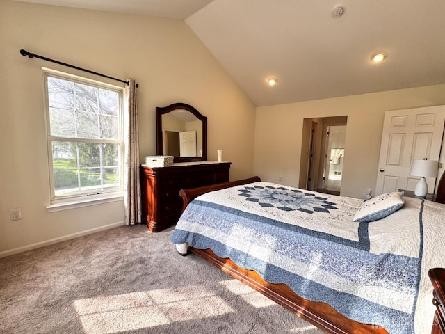 bedroom with recessed lighting, baseboards, vaulted ceiling, and carpet