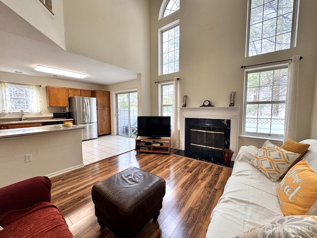 living room featuring a premium fireplace, a high ceiling, a healthy amount of sunlight, and light wood-type flooring