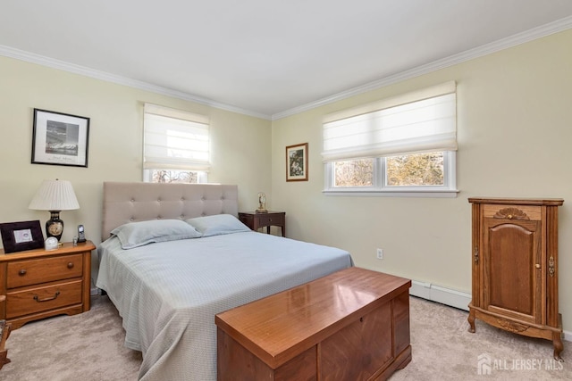 carpeted bedroom with ornamental molding and baseboard heating