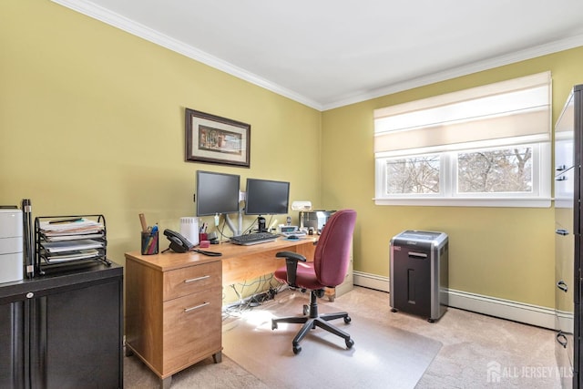 office area featuring a baseboard heating unit, crown molding, and light colored carpet