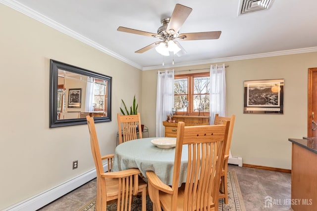 dining space with crown molding, a baseboard heating unit, and ceiling fan