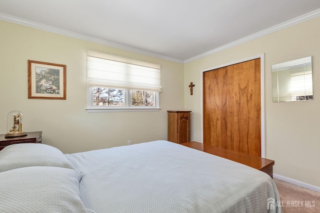 carpeted bedroom featuring crown molding and a closet