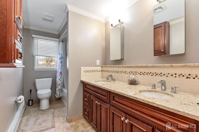 full bathroom with crown molding, vanity, backsplash, and toilet