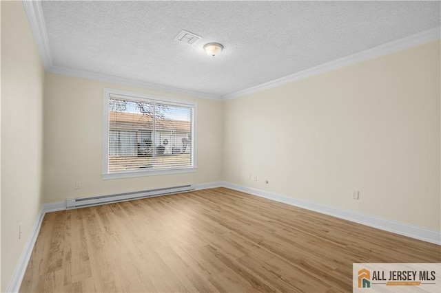 unfurnished room with crown molding, a baseboard radiator, a textured ceiling, and light wood finished floors