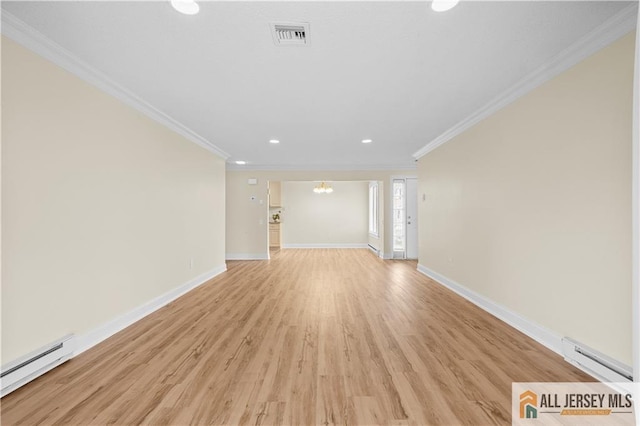 unfurnished living room with crown molding, a baseboard radiator, light wood-style flooring, and baseboards