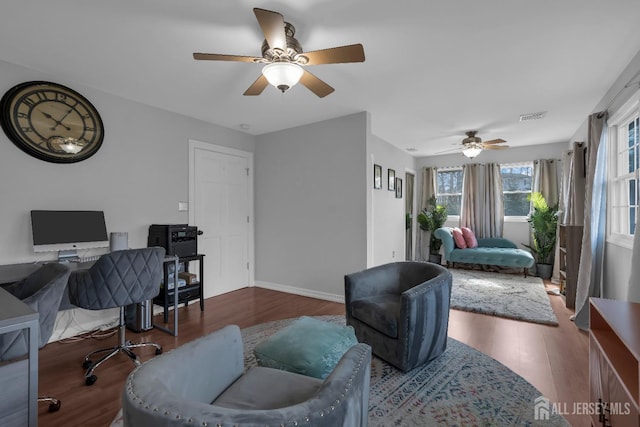 896 Kearney Dr, North Brunswick, NJ 08902 - office with baseboards, visible vents, ceiling fan, and wood finished floors