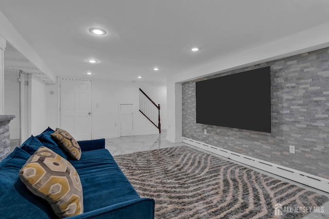 unfurnished living room featuring baseboards, recessed lighting, stairs, an accent wall, and marble finish floor