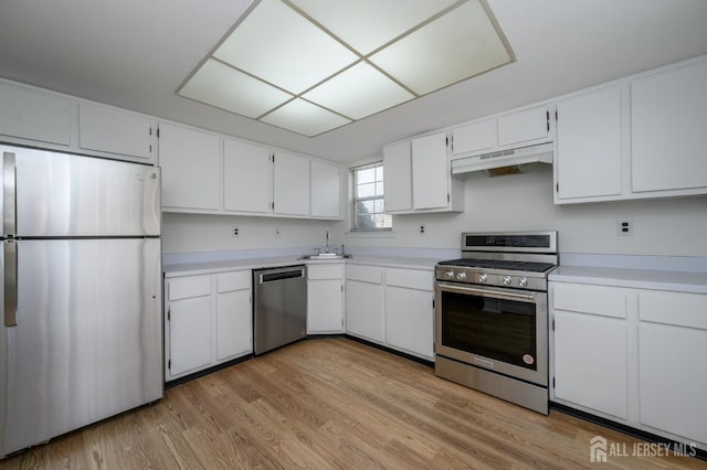 kitchen with light wood-style flooring, under cabinet range hood, a sink, appliances with stainless steel finishes, and light countertops