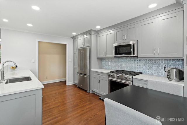 kitchen with sink, high end appliances, gray cabinetry, dark wood-type flooring, and decorative backsplash