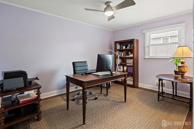 office area featuring hardwood / wood-style flooring, ornamental molding, and ceiling fan