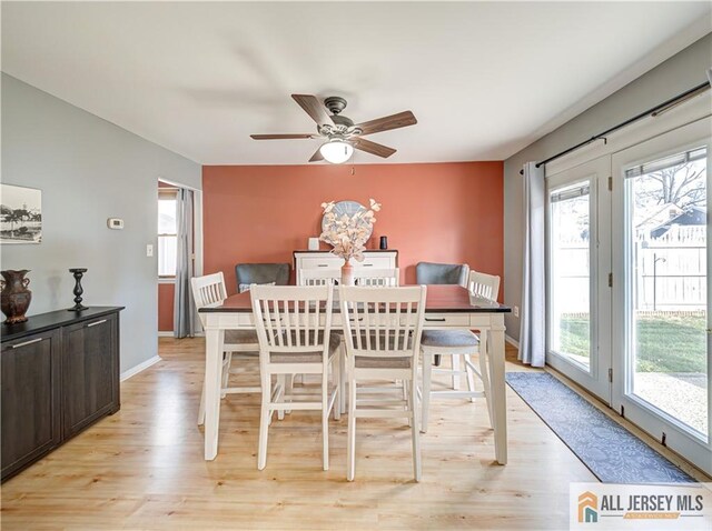 dining room with light hardwood / wood-style flooring, a wealth of natural light, and ceiling fan