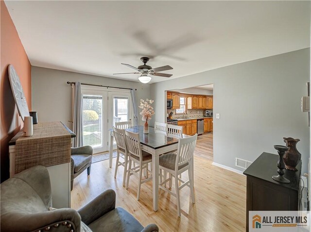 dining area featuring sink, light hardwood / wood-style flooring, and ceiling fan