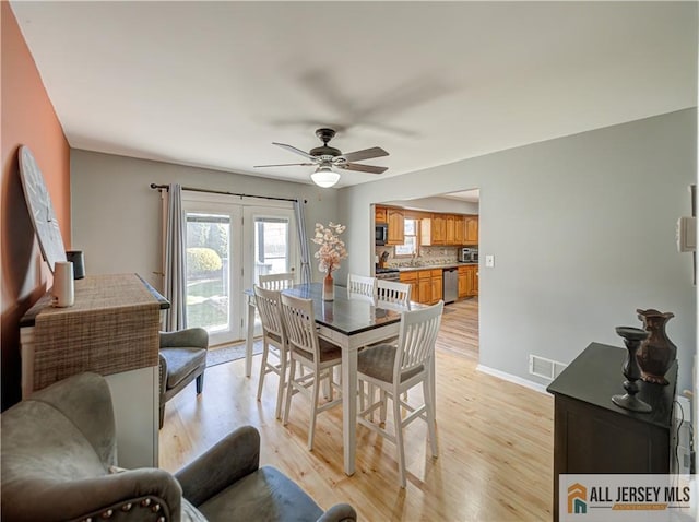 dining room with baseboards, visible vents, ceiling fan, and light wood finished floors