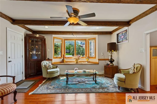 8 Harold Ave, Edison, NJ 08820 - living area with hardwood / wood-style floors, beamed ceiling, ceiling fan, baseboards, and recessed lighting