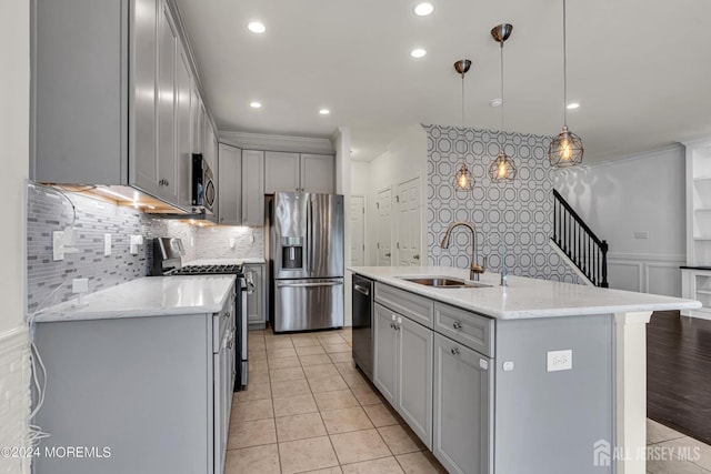 44 Begonia Ln, Monroe, NJ 08831 - kitchen featuring stainless steel appliances, gray cabinetry, tasteful backsplash, hanging light fixtures, and recessed lighting