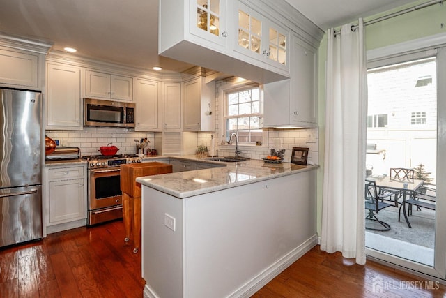 kitchen featuring dark wood-style floors, appliances with stainless steel finishes, light stone counters, a sink, and backsplash