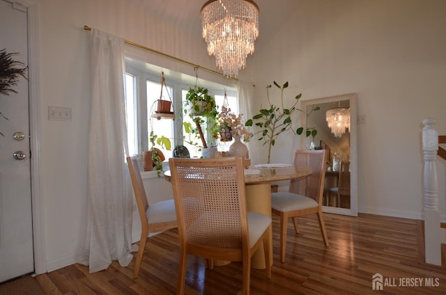 dining room with wood-type flooring and a chandelier