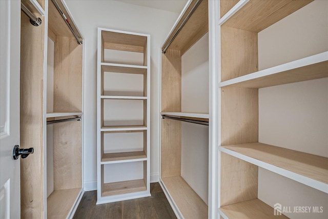 walk in closet with dark wood-style floors