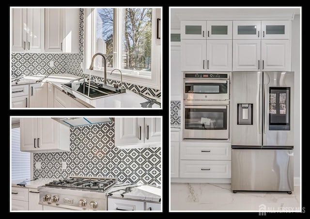 kitchen featuring glass insert cabinets, stainless steel appliances, marble finish floor, white cabinetry, and a sink