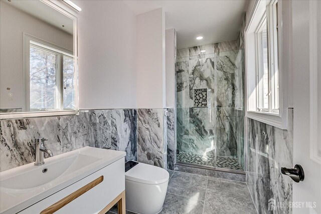 full bath featuring toilet, a stall shower, and a wealth of natural light