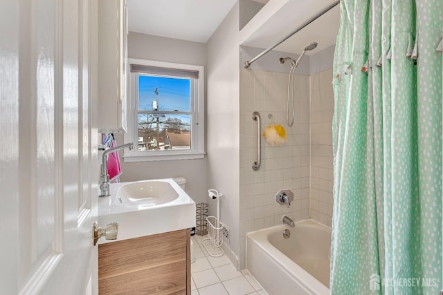 bathroom with tile patterned flooring, vanity, and shower / tub combo with curtain