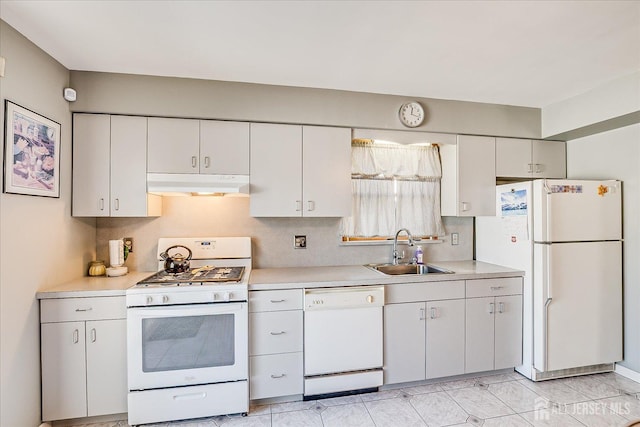 kitchen with white appliances, sink, decorative backsplash, and white cabinets