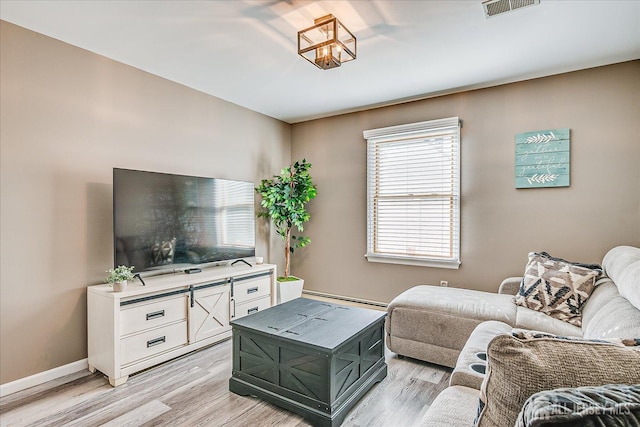 living room with light hardwood / wood-style flooring and baseboard heating