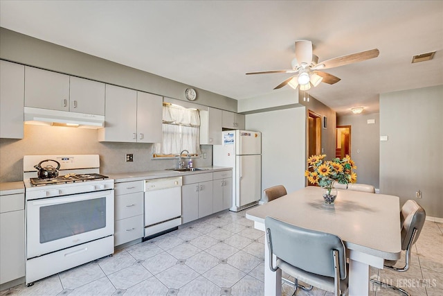 kitchen featuring sink, white appliances, ceiling fan, white cabinetry, and backsplash