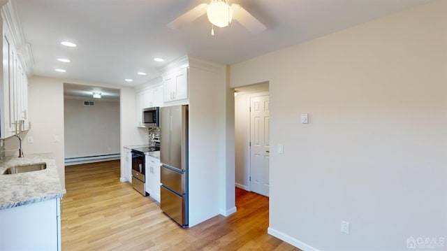 kitchen featuring white cabinetry, a baseboard heating unit, stainless steel appliances, sink, and ceiling fan