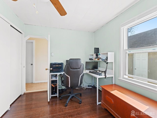 office area featuring hardwood / wood-style floors and ceiling fan