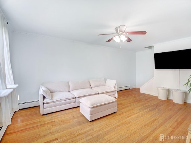 451 Burroughs Ter, Union Twp, NJ 07083 - living room with baseboard heating, ceiling fan, light wood-style flooring, and ornamental molding