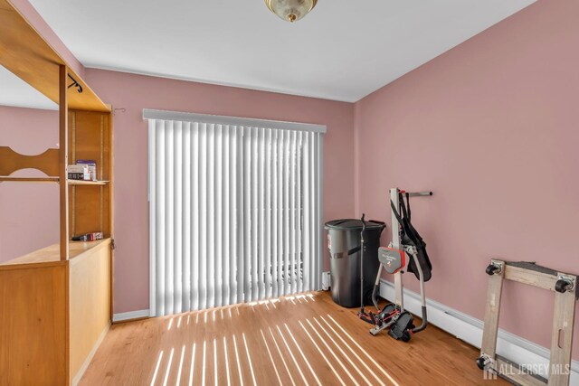 exercise area with light hardwood / wood-style flooring and a healthy amount of sunlight