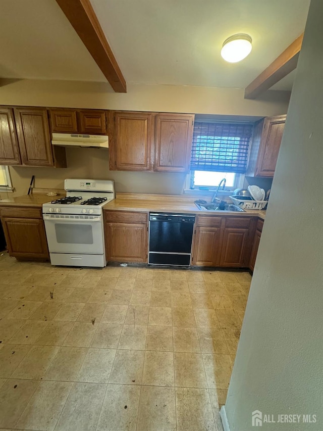 kitchen with beamed ceiling, sink, dishwasher, and white gas range oven