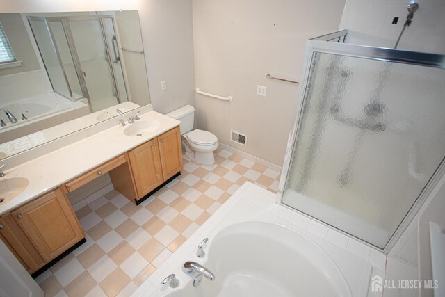 247 Springmeadow Way, Monroe, NJ 08831 - bathroom featuring tile patterned floors, a stall shower, a garden tub, double vanity, and toilet