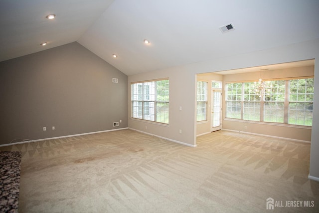 247 Springmeadow Way, Monroe, NJ 08831 - unfurnished living room featuring light colored carpet, lofted ceiling, baseboards, recessed lighting, and a chandelier