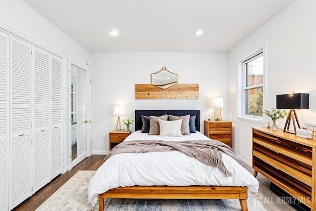 bedroom featuring dark wood-type flooring and a closet